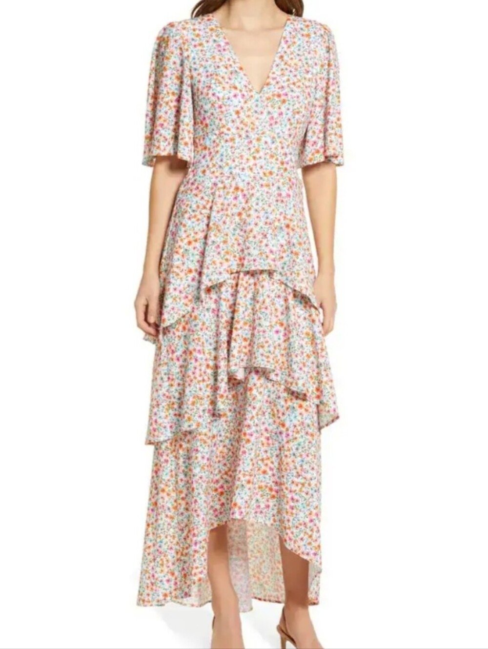 Fourteenth Place Floral Tiered High-Low Maxi Dress Bright Summer Colors Size LG
